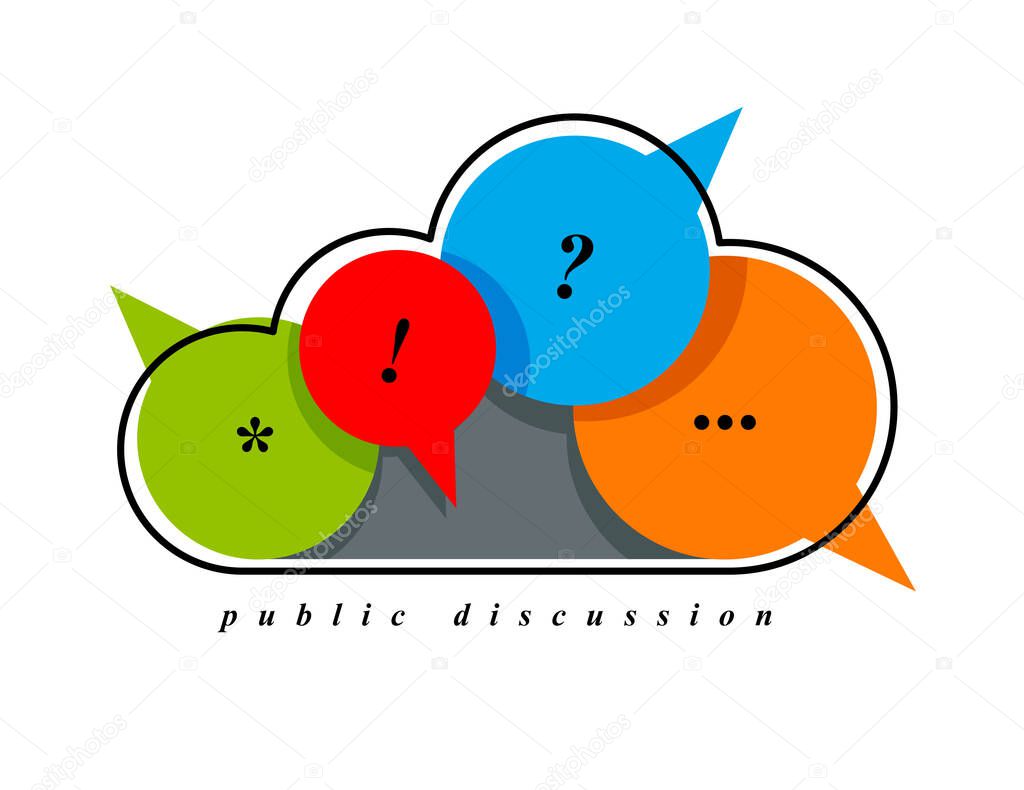 Public discussion and brainstorming vector concept shown with cloud combined with different speech bubbles like diversity talking, briefing or conference, seminar or symposium.