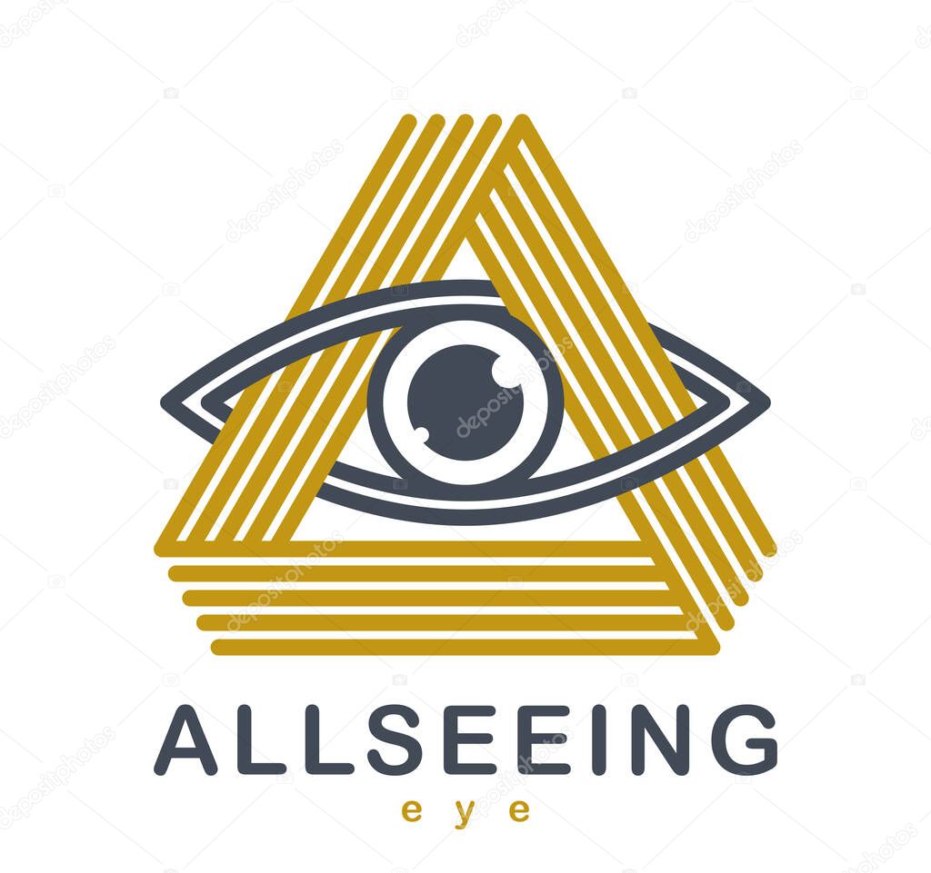 All seeing eye in triangle pyramid vector ancient symbol in modern linear style isolated on white, eye of god, masonic sign, secret knowledge illuminati.