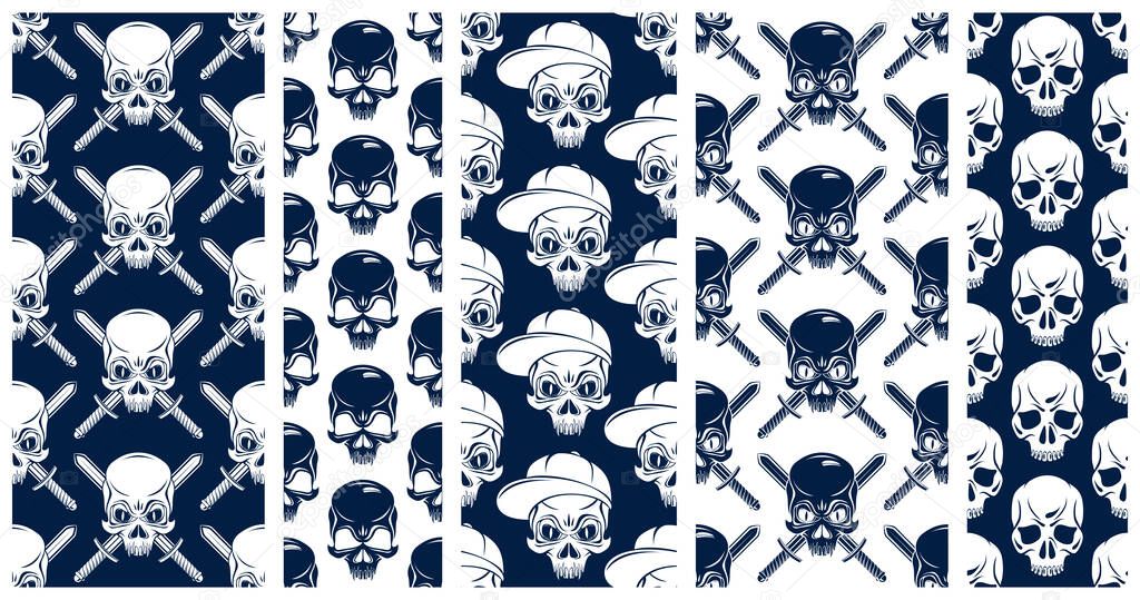 Black skulls seamless vector background set, endless pattern with horror death sculls, stylish wallpaper of hard rock culture music fashion theme, gothic image collection.