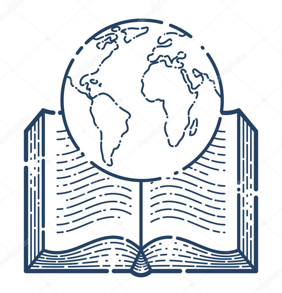 Open book with earth planet vector linear icon, geography or travel literature line art symbol or logo.