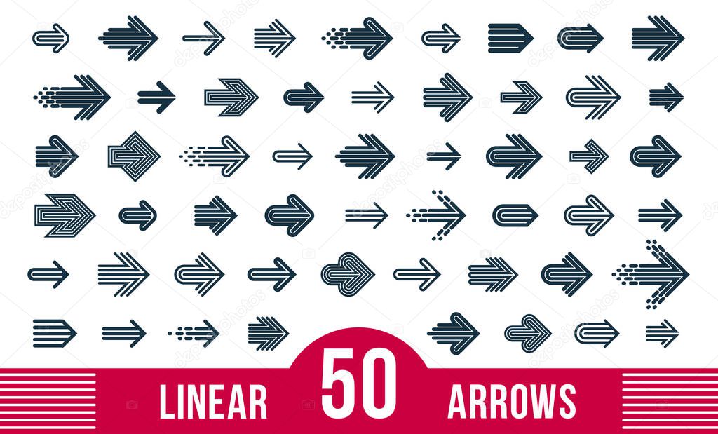 Linear arrow logos vector set, collection of arrows symbols for use as icons or logo creation, graphic design single color signs.