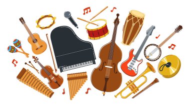 Müzik orkestrası çeşitli enstrümanlar vektör düz illüstrasyon beyaz zemin, canlı müzik konseri veya festival, müzik grubu veya orkestra çalıyor ve şarkı söylüyor.