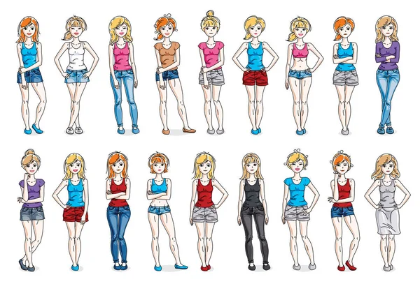 Casual Wear Clothes Cute Attractive Women Vector Illustrations Big Collection — Stock Vector