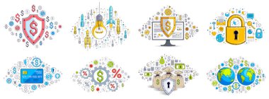 İş ve finans teması birçok basit simge, moda tasarım çizimleri ticari tema koleksiyonu, sembol ve işaret çeşitliliği ile farklı vektör illüstrasyonları.