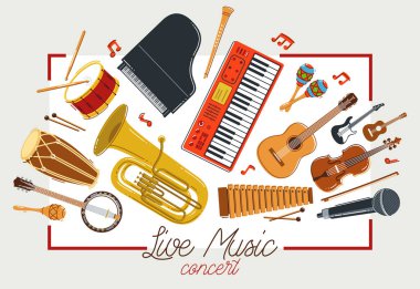 Music orchestra diverse instruments vector flat poster, live sound concert or festival, musical band or orchestra playing and singing songs advertising flyer or banner. clipart