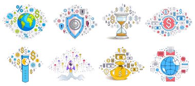 İş ve finans teması birçok basit simge, moda tasarım çizimleri ticari tema koleksiyonu, sembol ve işaret çeşitliliği ile farklı vektör illüstrasyonları.