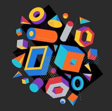 Renkli 3D, koyu arkaplan üzerindeki vektör bileşimini, parlak pozitif boyutlu tasarım elemanlarını, kutuları ve silindirleri ve diğer şekilleri şekillendirir..