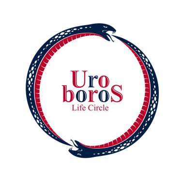 Yılan kendi hikayesini yiyor, Uroboros Yılan daire şeklinde, sonsuz yaşam ve ölüm döngüsü, Ouroboros antik sembol çizim logosu, amblem veya dövme şeklinde..