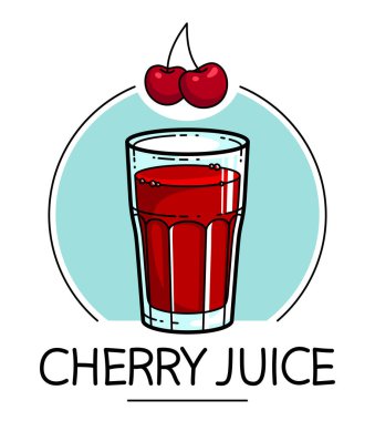 Beyaz arka plan vektör illüstrasyonuna izole edilmiş kiraz suyu, saf taze meyve suyu için çizgi film tarzı logo veya rozet, diyet yiyecek içeceği lezzetli ve sağlıklı. 