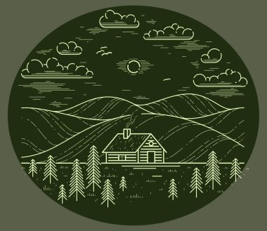 Otlaklarda ve otlaklarda kulübe ve çayırlarda çam ağaçları ile doğrusal vektör doğa karanlığı, dinlenmek için ahşap kulübe kulübesi, tatiller ve tatil temalı çizimler, ahşap tatil beldesi.