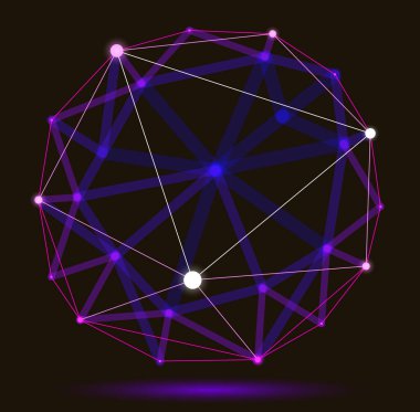 Soyut 3D ağ küre vektör illüstrasyonu, çizgilerle bağlantılı noktalar çokgen nesne, dinamik teknoloji ve bilim kafesi, gerçekçi alan etkisi derinliği.