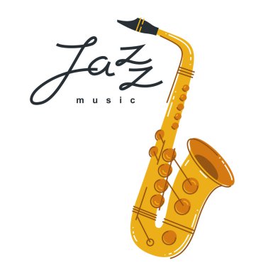 Caz müzik amblemi veya logo vektör düz stil illüstrasyonu izole edilmiş, saksafon logoti kayıt şirketi veya stüdyo veya müzik grubu için.