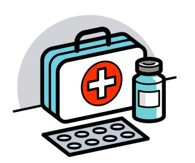 Tıbbi ilk yardım temalı haplar ve şişeler 3 boyutlu vektör illüstrasyonu izole edilmiş, ilaçlar ve uyuşturucular, sağlık ilaçları karikatürü, vitaminler veya antibiyotikler, basit doğrusal tasarım.