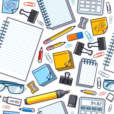 Çalışma masası üst görünümü bir çok farklı kırtasiye elemanı ile dikişsiz vektör duvar kağıdı, iş temalı resim çeşitlilik nesneleri resimleriyle.