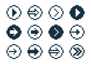8 bit pikselli oklar daire vektör ikonlar kümesi, ok yön imleci koleksiyonu eski PC veya oyun konsolu biçimi, logolar için tek renk sembolleri.