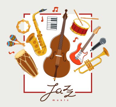 Caz müzik grubu posterleri farklı enstrümanlar vektör düz illüstrasyon, canlı müzik festivali veya konser reklam broşürü veya afiş, farklı enstrümanlar orkestrası.