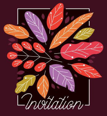 Sarı ve kırmızı sonbahar, doğa vektörü düz tebrik kartının güzelliğini koyu renk üzerine bırakır, sonbahar yaprakları yıldönümü davetiyesi ya da diğer selamlamaları çeker.