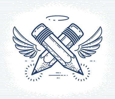 Kanatlı ve nimbuslu iki çapraz kalem, vektör basit trend logosu veya tasarımcı veya stüdyo için simge, yaratıcı ruh, melek tasarımı, doğrusal biçim.