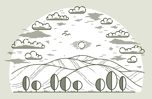 Belles Prairies Pittoresques Arbres Vectoriels Illustration Linéaire Isolé Sur Blanc — Image vectorielle
