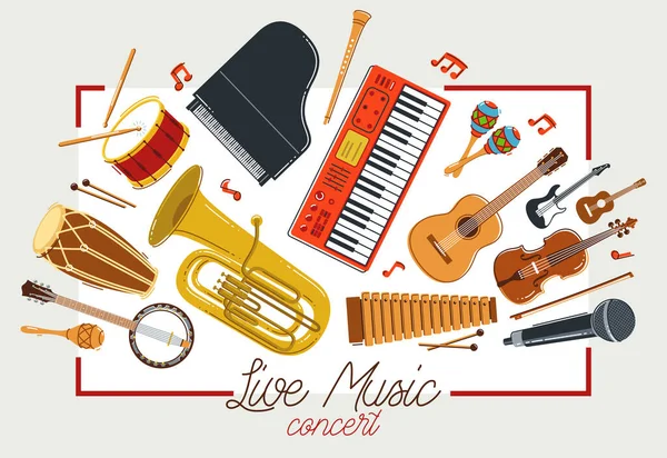 Orquesta Musical Diversos Instrumentos Vector Afiche Plano Concierto Festival Sonido — Archivo Imágenes Vectoriales