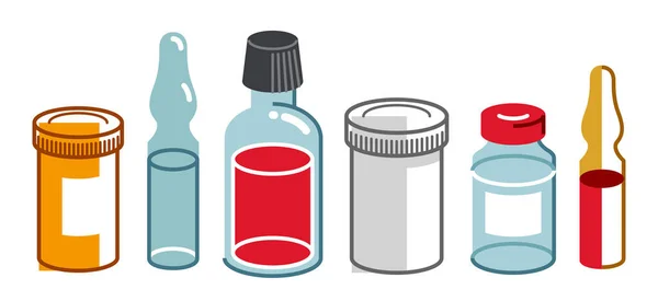 白の上に隔離された医療用ボトルとバイアルベクトルフラットスタイルのイラストのセット 薬のドラッグストアのコンセプト 付属の処方薬の旗とアンプル — ストックベクタ