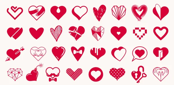 ハートベクトルのロゴやアイコンのセット さまざまなスタイルやコンセプトのハート型のシンボル 愛とケア 健康と心臓学 幾何学的および低ポリのコレクション — ストックベクタ