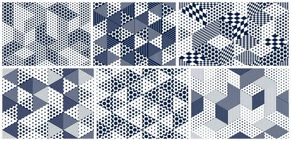 Dotted Cubes Seamless Patterns Vector Backgrounds Set Dots Dimensional Blocks — Stock Vector