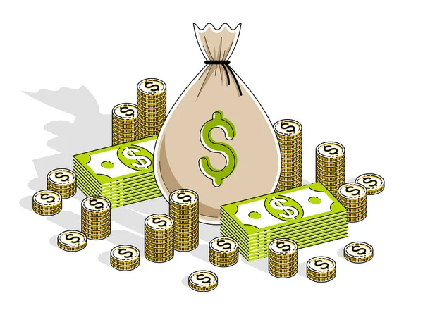 Cash Rijkdom Rijkdom Money Bag Met Dollar Stapels Munten Cent — Stockvector