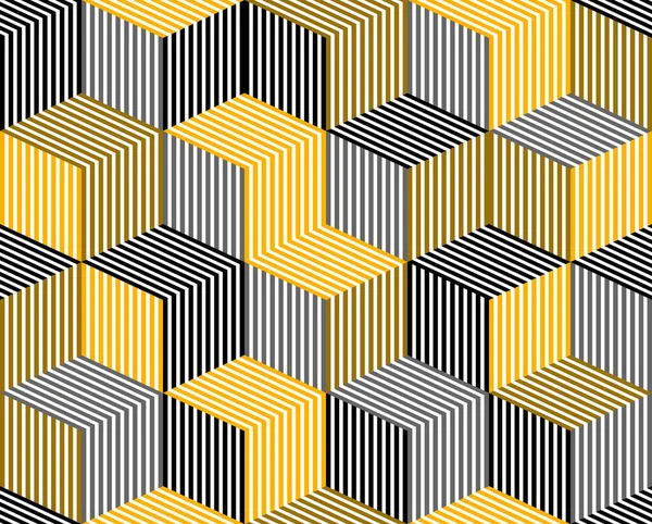 三维内衬方块无缝图案 几何上无穷无尽的纹理与线条和框 建筑主题 黑色和黄色平面设计背景图像 — 图库矢量图片