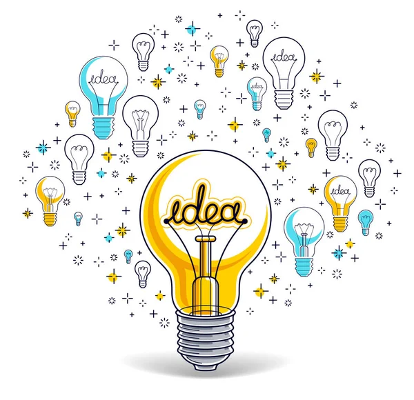 Lysande Glödlampa Och Uppsättning Glödlampor Ikoner Idéer Kreativa Koncept Brainstorm — Stock vektor