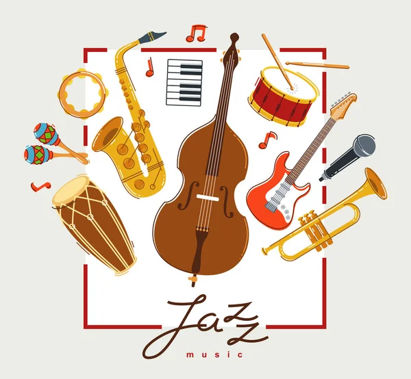 Αφίσα Τζαζ Μουσικής Μπάντας Διαφορετικά Όργανα Διάνυσμα Επίπεδη Απεικόνιση Ζωντανό — Διανυσματικό Αρχείο
