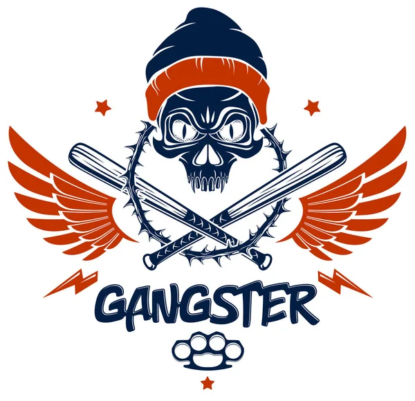 Banda Brutal Emblema Criminal Logotipo Con Agresivos Murciélagos Béisbol Cráneo — Vector de stock