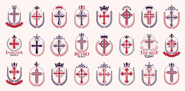 Kruisen Geheimen Emblemen Vector Emblemen Grote Set Christelijke Religie Heraldische — Stockvector
