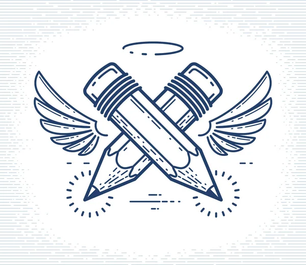Twee Gekruiste Potloden Met Vleugels Nimbus Vector Eenvoudige Trendy Logo — Stockvector
