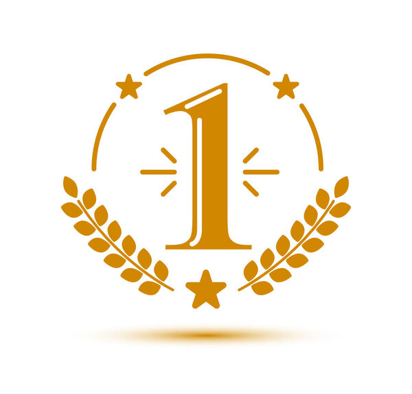 First place number one business success and triumph vector label isolated over white, graphic design element, geometric vintage classic emblem, simplistic old style icon.