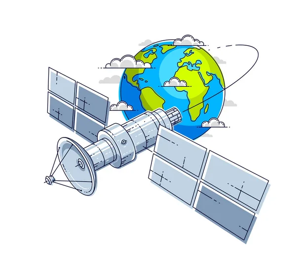 Kommunikationssatellit Fliegt Orbit Die Erde Raumsonde Raumstation Mit Sonnenkollektoren Und — Stockvektor