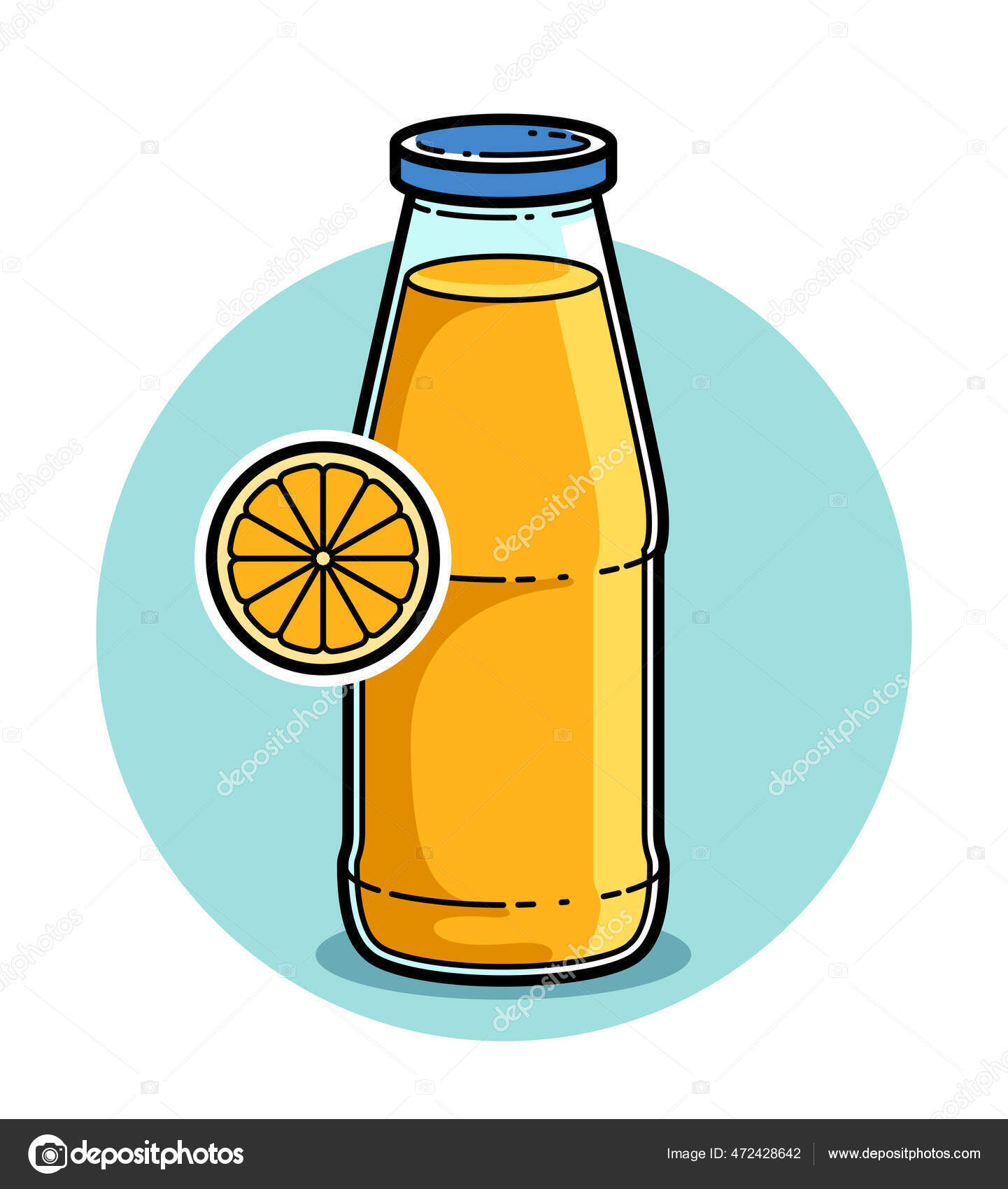 用玻璃瓶中的橙汁隔离在白色背景载体图解卡通风格标识或徽章上用于纯鲜果汁饮食饮料味美健康图库矢量图©Ostapius 472428642, image size:1441x1700