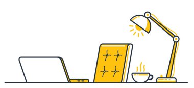 Çalışma masası düz çizimi beyaz, ofis ya da ev işi yeri vektör modern illüstrasyon, boş sandalye boş iş kavramı, rahat çalışma alanı.