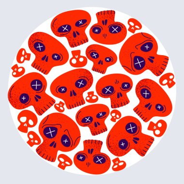 Kurukafalar yuvarlak bir vektör tasarımı illüstrasyonunda, ölüm korku ve korku teması konseptini şekillendirir, hard rock alt kültür stili.