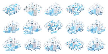 Sözleşme ve dağıtım konsepti 3D vektör tasarımları beyaz arkaplan, şık iş ve finans tema illüstrasyonları koleksiyonu izole.