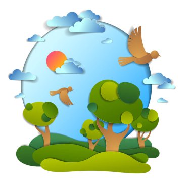 Yeşil tarlalar ve ağaçlar yaz manzarası bulutlu kuşlar ve güneş gökyüzünde, kağıt kesimi çocuksu illüstrasyon, kırsal tatiller, seyahat ve turizm teması.