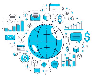 Küresel ekonomi kavramı, dolar simgelerine sahip dünya gezegeni, uluslararası işletmeler, döviz kurları, internet küresel ağ bağlantısı, vektör ve elementler ayrı olarak kullanılabilir.