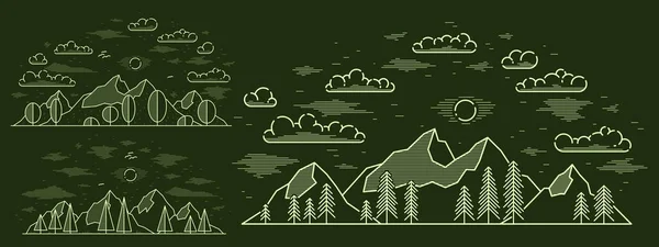 Mountain Peaks Pine Forest Line Art Vector Illustration Dark Linear — Stock Vector