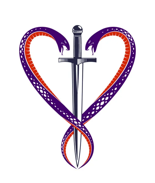 ハートベクトルヴィンテージスタイルのエンブレムやロゴの形で短剣と2つのヘビ 騎士の愛と名誉の概念 中世のビクトリア朝スタイル — ストックベクタ