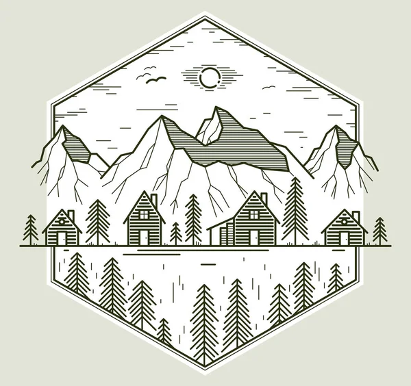 Αγροτικό Χωριό Οροσειρά Γραμμικό Διανυσματικό Έμβλημα Απομονωμένο Λευκά Ξύλινα Σπίτια — Διανυσματικό Αρχείο