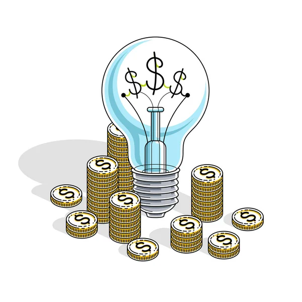 Business Start Idea Concept Light Bulb Cash Money Stack Coins — Stock Vector