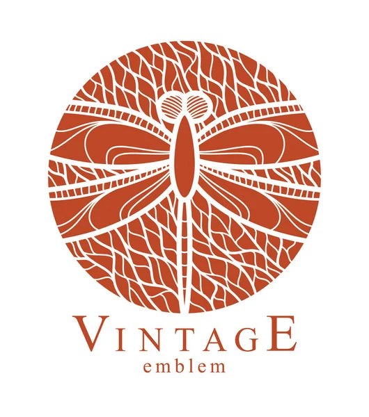 Belle Libellule Parmi Les Feuilles Rond Floral Vintage Logo Linéaire — Image vectorielle