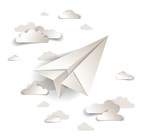 Origami Brinquedo Avião Papel Voando Céu Com Belas Nuvens Ilustração — Vetor de Stock