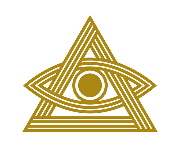 All seeing eye in triangle pyramid vector ancient symbol in modern linear style isolated on white, eye of god, masonic sign, secret knowledge illuminati.