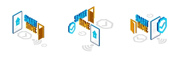 スマートホームIotのコンセプトエレクトロニクス現代の家のベクトル等式イラストセット スマートセキュリティ アプリ遠く自動化された未来の技術 — ストックベクタ